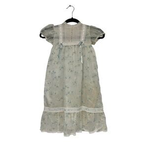 Vintage Youngland Girls Prairie Dress 4T White Blue Floral Polyester Lace Trim